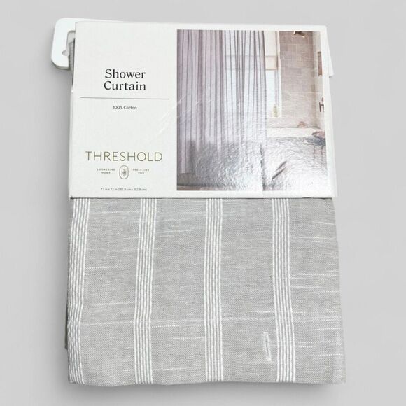 Threshold Tonal Striped Shower Curtain Gray 100% Cotton 72” x 72” Buttonhole NWT - Picture 6 of 9